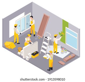 Renovation Repair Works Isometric Composition With Living Room Maintenance Scenery With Workers Group Performing Finishing Operations Vector Illustration