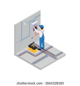 Renovation repair works isometric composition with male character of electrician setting up new wiring vector illustration