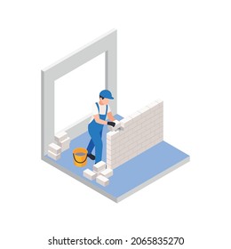 Renovation repair works isometric composition with worker laying bricks for new wall vector illustration