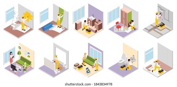 Renovation Repair Works Isometric Set With Isolated Images Of Rooms With Old New Furniture And Workers Vector Illustration