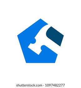 Renovation or repairment Logo, Hammer Tools and Pentagon Shape Logo Design, Vector Icon Illustration
