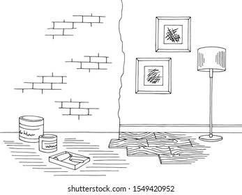 Renovation room home interior graphic black white sketch illustration vector