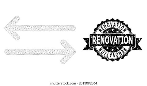 Sello de sello de goma de renovación y flechas vectoriales horizontalmente de malla. El sello negro tiene la etiqueta de renovación dentro de cinta y rosette. Resumen de las flechas de giro horizontal de malla plana,