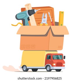 Renovation service truck with repair tools. Box with screwdrivers, pliers, blueprint, toolbox equipment on lorry. Contractor, fixing, improvement, maintenance work concept flat vector illustration