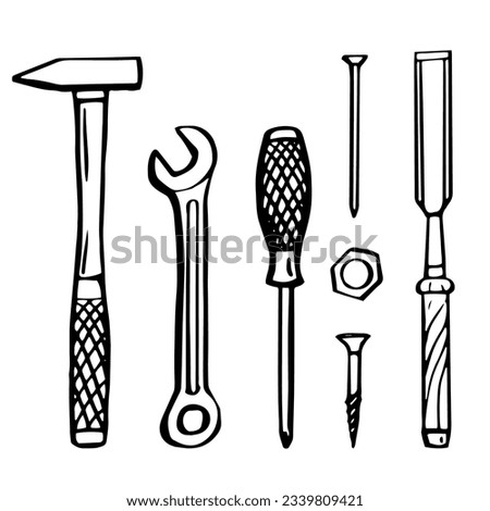 Renovation set. Tools or instruments for home renovation.  Construction hand tools. Hand drawn vector illustration for design of banners, posters, hardware, hardware, repair shops.