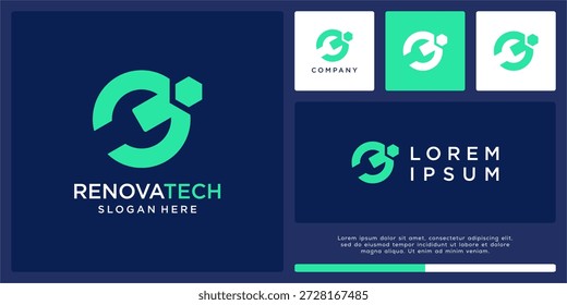 Diseño de logotipo de tecnología de renovación con llave negativa.