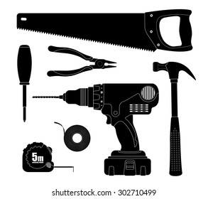 Renovation tools silhouettes. Diy instruments symbols set. Workshop equipment vector black icons isolated on white