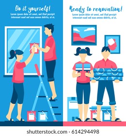Renovation vertical banners set with young girl and guy ready to work together in home interior flat vector illustration 
