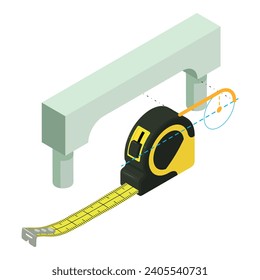 Renovierungsarbeiten Symbol isometrische Vektorgrafik. Bogenprojekt und gelbes Messgerät. Planung, Bau, Wiederaufbau
