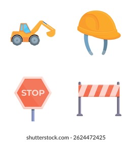 Ícones de trabalho de renovação definem o vetor de desenhos animados. Equipamento e maquinaria para reparação de estradas. Sinal de aviso