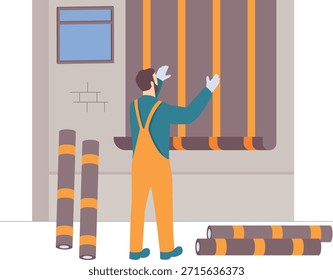 obrero de renovación instalando concepto de aislamiento de Vertical, diseño de Vector, Anuncio de obreros de construcción, escena de trabajo calificado, obras de ingeniería civil