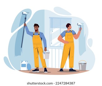 Konzept der Renovierungsarbeiter. Männer mit weißen Malwalzen. Bau und Reparatur, Mode und Stil. Komfort und Gemütlichkeit in der Wohnung. Poster oder Banner für die Website. Cartoon-Flavektor-Vektorgrafik