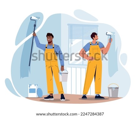 Renovation workers concept. Men with white paint rollers. Construction and repair, fashion and style. Comfort and coziness in apartment. Poster or banner for website. Cartoon flat vector illustration