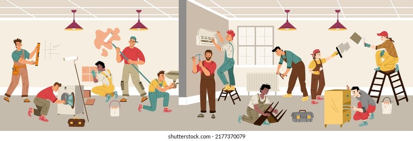 Renovation workers repair home interior. Handyman service, team of builder, painter, plumber, tiler or carpenter doing apartment improvement or restoration works, Line art flat vector illustration