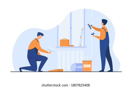 Renovation workers repairing apartment. Repairmen in overalls decorating and painting walls. Vector illustration for excursion, people and culture concept