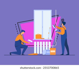 Renovation workers repairing apartment. Repairmen in overalls decorating and painting walls. Vector illustration for excursion, people and culture concept