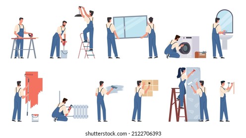 Renovation Workers Service. People In Uniform Making Repairs House, Men And Women Paint Wall, Glue Wallpaper In Room, Lay Tile, Insert Windows, Change Plumbing, Vector Cartoon Flat Set