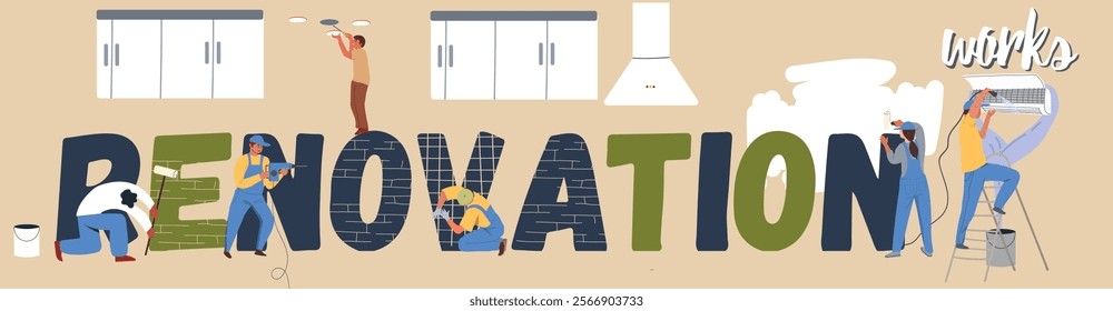 Renovation works text. Repair work, air conditioner cleaning, light fixture installation, wall preparation for painting, wall painting. Vector hand drawn illustration.
