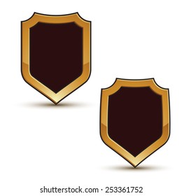 Renown vector black shield shape emblems with golden borders, 3d polygonal design elements, clear EPS 8.