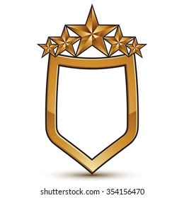 Renown vector emblem with five golden pentagonal stars, 3d festive design shield element