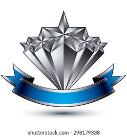 Renown vector silver star emblem with wavy ribbon, 3d sophisticated pentagonal design element.

