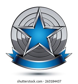 Renown vector silver star with wavy ribbon placed on a round surface, 3d sophisticated pentagonal design element, clear EPS 8 emblem.