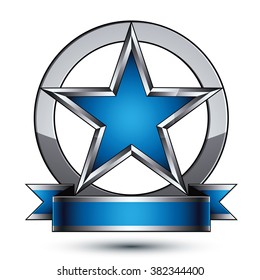 Renown vector silver star with wavy ribbon placed in circle, 3d sophisticated pentagonal design element