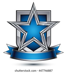 Renown vector silver star with wavy ribbon placed on a protection shield, 3d sophisticated pentagonal design element, clear EPS 8 emblem.