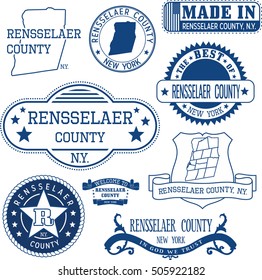 Rensselaer county, New York. Set of generic stamps and signs including Rensselaer county seal elements and outline county map.