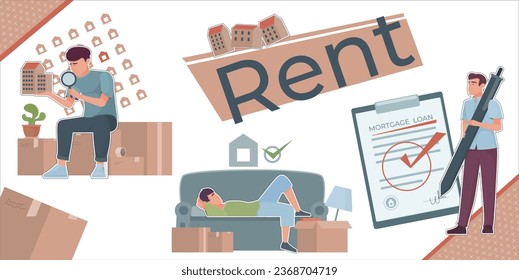 Composición de apartamentos alquilados con collage de iconos planos con cajas de acuerdo de papel muebles y personajes humanos ilustración vectorial