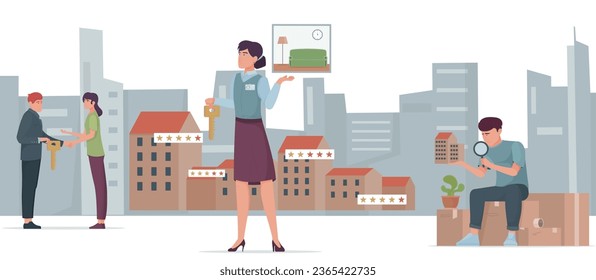 Rent apartment flat composition with cityscape background modern houses rating owner with key and seeking renters vector illustration