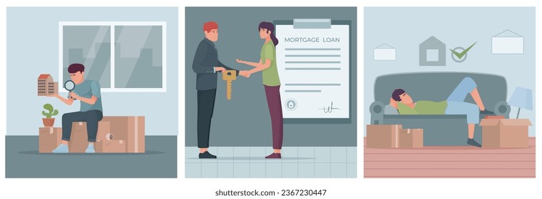 Rent apartment flat set of three square compositions showing renters and owners with items and agreement vector illustration
