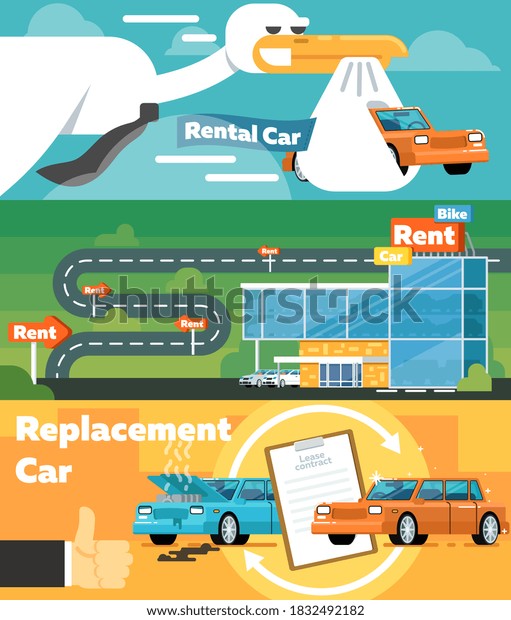 Rent
auto service. Insured car for rent and lease with warranty repair
and replacement. Car sharing and rent auto service header banner
set. Vector automobile rental business
illustration