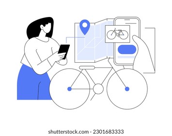 Alquiler de una bici de concepto abstracto de ilustración vectorial. Joven alquilando una bicicleta usando una aplicación para smartphone, transporte urbano, transporte público urbano, servicio de uso compartido de vehículos metáfora abstracta.