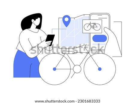 Rent a bike abstract concept vector illustration. Young woman renting a bike using smartphone app, urban transportation, city public transport, vehicle sharing service abstract metaphor.