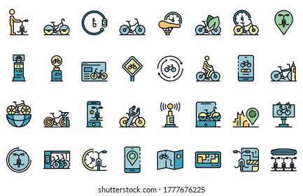 Rent a bike icons set. Outline set of rent a bike vector icons thin line color flat on white
