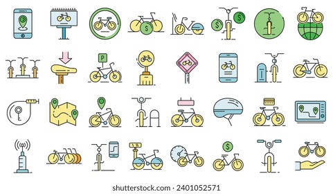 Rent a bike icons set. Outline set of rent a bike vector icons thin line color flat on white