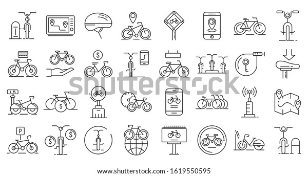 Rent a bike icons\
set. Outline set of rent a bike vector icons for web design\
isolated on white\
background