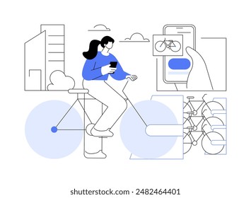 Rent a bike isolated cartoon vector illustrations. Young girl holds a smartphone and uses rental app, get ready for riding a bike, people urban lifestyle, city transportation vector cartoon.