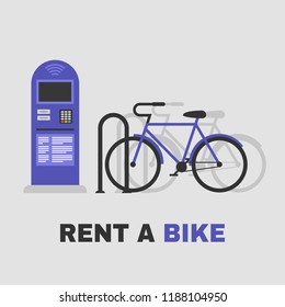 Rent a bike. Rental service. Parking automat. Active lifestyle. Urban transport system. Flat editable vector illustration, clip art