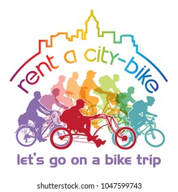 Rent a bike. Sign for bicycle rentals. Cycling people, men and women on a summer bicycle tour in the city. 
