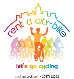 Rent a bike. Sign for bicycle rentals. Cycling people, men and women on a summer bicycle race in the city. 