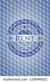 Rent blue badge with geometric pattern background.