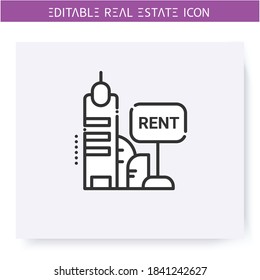 Rent building line icon. Rent an office or apartment in a modern skyscraper.Real estate agency, housing business concept. Lease home and housing amenities.Isolated vector illustration.Editable stroke 