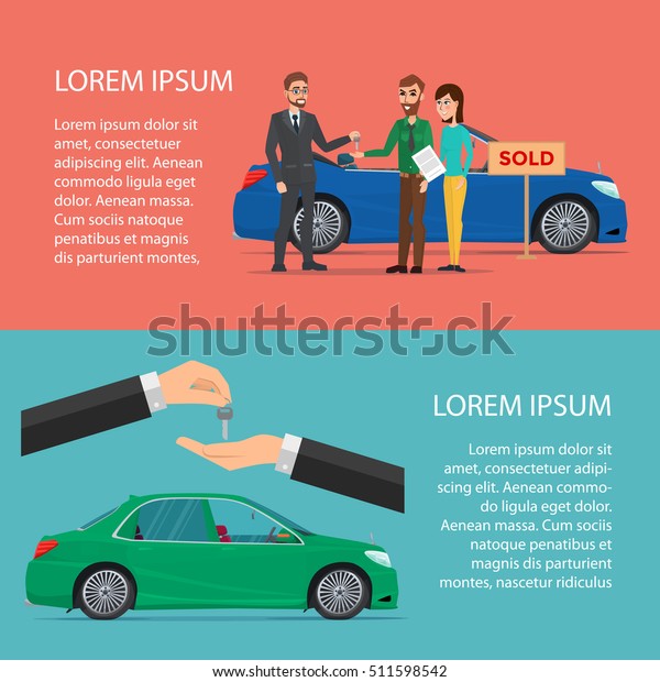 Rent and Buying Car\
horizontal Cartoon poster vector illustration. Banners for your web\
design in business style. Template for your text. Business\
characters set.