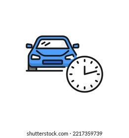 Icono lineal de color de alquiler por hora. emblema vectorial del servicio de uso compartido de coches, signo de apertura o de cierre de tiempo. Obtención de automóviles durante un período corto, trabajo de elevación de coches