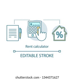 Rent Calculator Concept Icon. Rental Prices, Interest Rates. Property Deal. Hand With Calculator, Contract, House. Total Price Idea Thin Line Illustration. Vector Isolated Drawing. Editable Stroke