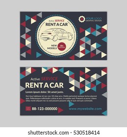 Rent a car business card template with abstract geometry pattern triangle backgrounds. Auto service mockup. Create your own business cards. Vector illustration.