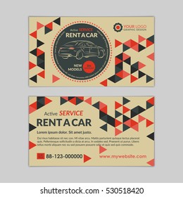 Rent a car business card template with abstract geometry pattern triangle backgrounds. Auto service mockup. Create your own business cards. Vector illustration.