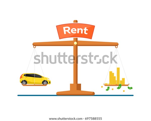Rent car business concept with car and money on\
scales isolated on white background vector illustration. City\
renting car service in flat\
design.